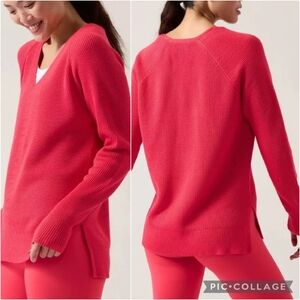 Athleta Wool Blend Relaxed Hanover V-Neck Sweater Red Pink Coral Size S